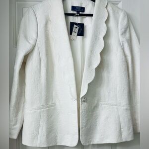 RSVP Talbots White Jacket Matelasse Floral Jacquard Scallop Accent Size 14